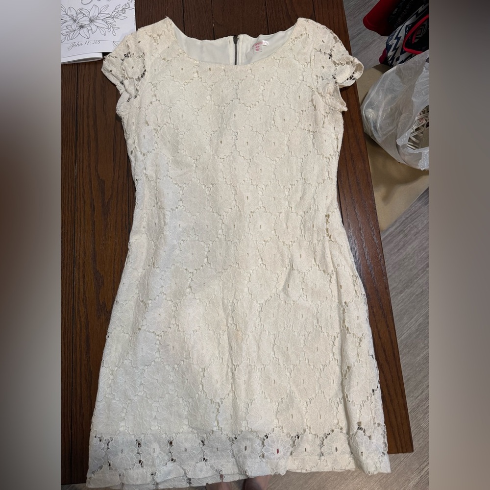 White floral lace dress.